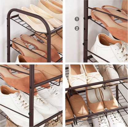 SONGMICS Stackable Shoe Rack, 4 Tier Metal Shoes Rack Storage Shelf, Holds up to 16 Pairs Shoes, Adjustable Slanted Shelves Shoe Tower Organizer for Closet Entryway Small Spaces, Black