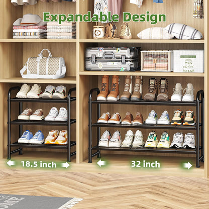 Simple Trending 3-Tier Stackable Shoe Rack, Expandable & Adjustable Shoe Shelf Storage Organizer, Wire Grid, Black