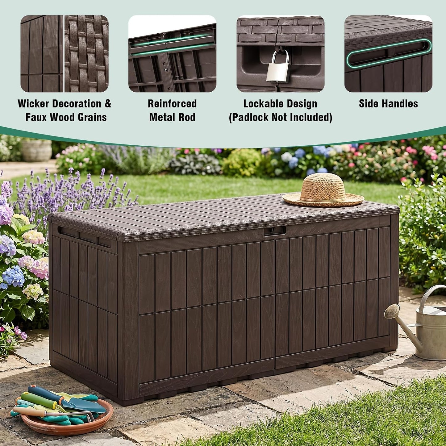 Tangkula 25 Gallon Waterproof Outdoor Storage Box with Lockable Lid | PP Resin, Wicker Patterned, Indoor Outdoor Use, Portable, Versatility, for Deck, Pool, Patio Cushions, Garden Tools
