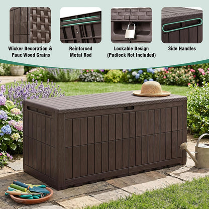 Tangkula 25 Gallon Waterproof Outdoor Storage Box with Lockable Lid | PP Resin, Wicker Patterned, Indoor Outdoor Use, Portable, Versatility, for Deck, Pool, Patio Cushions, Garden Tools
