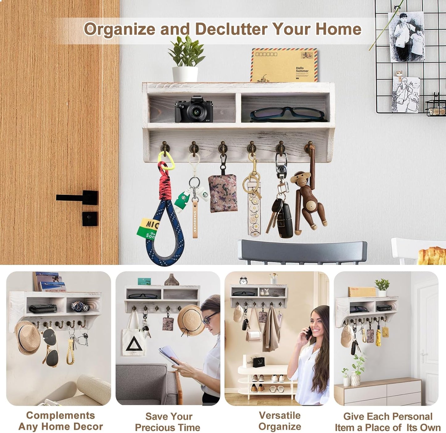 Key Holder Wall Mount - Mail Organizer Wall Mount with 6 Key Hooks and Storage Box for Sunglasses Storage and Dog Leash Holder Home Decor Rack Apartment Farmhouse Shelf Entryway Organizer (Black)