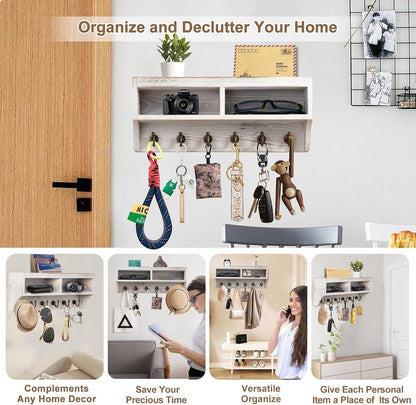 Key Holder Wall Mount - Mail Organizer Wall Mount with 6 Key Hooks and Storage Box for Sunglasses Storage and Dog Leash Holder Home Decor Rack Apartment Farmhouse Shelf Entryway Organizer (Black)