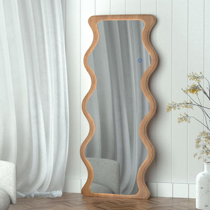 65" x 24" LED Wavy Full Length Mirror Wood Framed Full Body Mirror with Lights,Shatter-Proof Hanging/Leaning Irregular Wall Mirror Wooden Floor Mirror for Dressing Bedroom Living Room