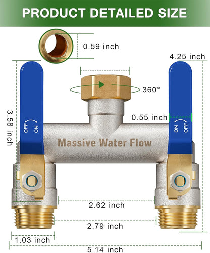 Hose Splitter 2 Way Heavy Duty, Garden Hose Splitter with 304 Stainless Steel Long Handle, Full Flow Brass Nickel Plated Water Hose T Spigot Splitter Adapter Connector, 3/4 - Inch GHT Thread (Blue)