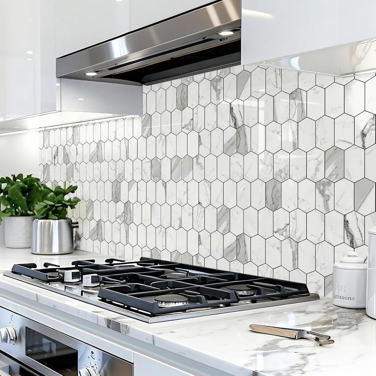 Vamos Tile Long Hexagon Peel and Stick Backsplash Tile - 10 Sheets Stick on Backsplash for Kitchen and Bathroom 12.4 x 12 Inch Glossy Wood Grain PVC Self Adhesive Mosaic Wall Tiles