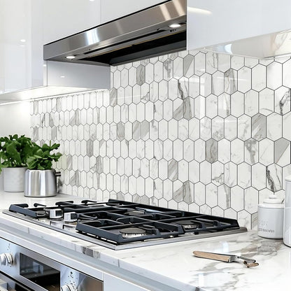 Vamos Tile Long Hexagon Peel and Stick Backsplash Tile - 10 Sheets Stick on Backsplash for Kitchen and Bathroom 12.4 x 12 Inch Glossy Wood Grain PVC Self Adhesive Mosaic Wall Tiles