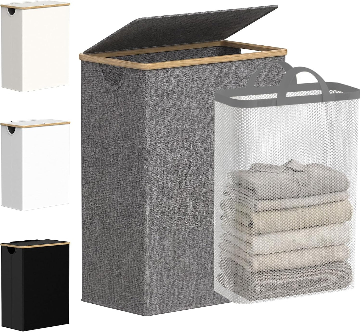 efluky Slim Laundry Basket with Lid, Narrow Laundry Hamper with Removable Bag, Skinny Dirty Clothes Basket with Bamboo Handles for Bathroom, Bedroom & Laundry Room, 75L Beige