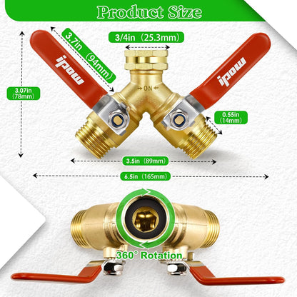IPOW Upgrade Full Flow Garden Hose Splitter with Stainless Steel Handle, Brass Heavy Duty 2 Way Y Valve Garden Hose Splitter High Flow Spigot Splitter + 6 Rubber Hose Washers with Comfort Grip Use