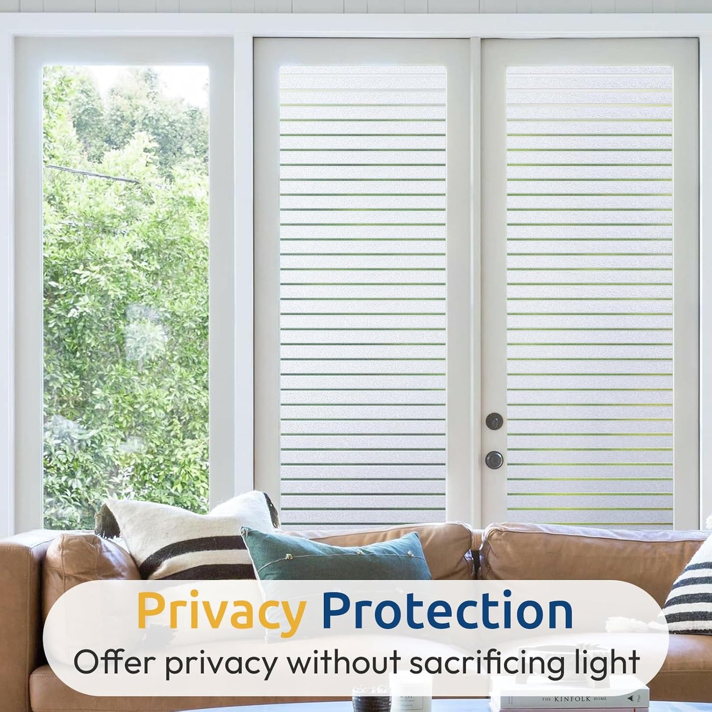 rabbitgoo Window Privacy Film, Frosted Glass Privacy Film, Window Frosting Cling for Glass, Non Adhesive Static Cling Front Door Covring, Anti-UV Reeded Blinds Sticker, Striped Pattern, 17.5" x 78.7"