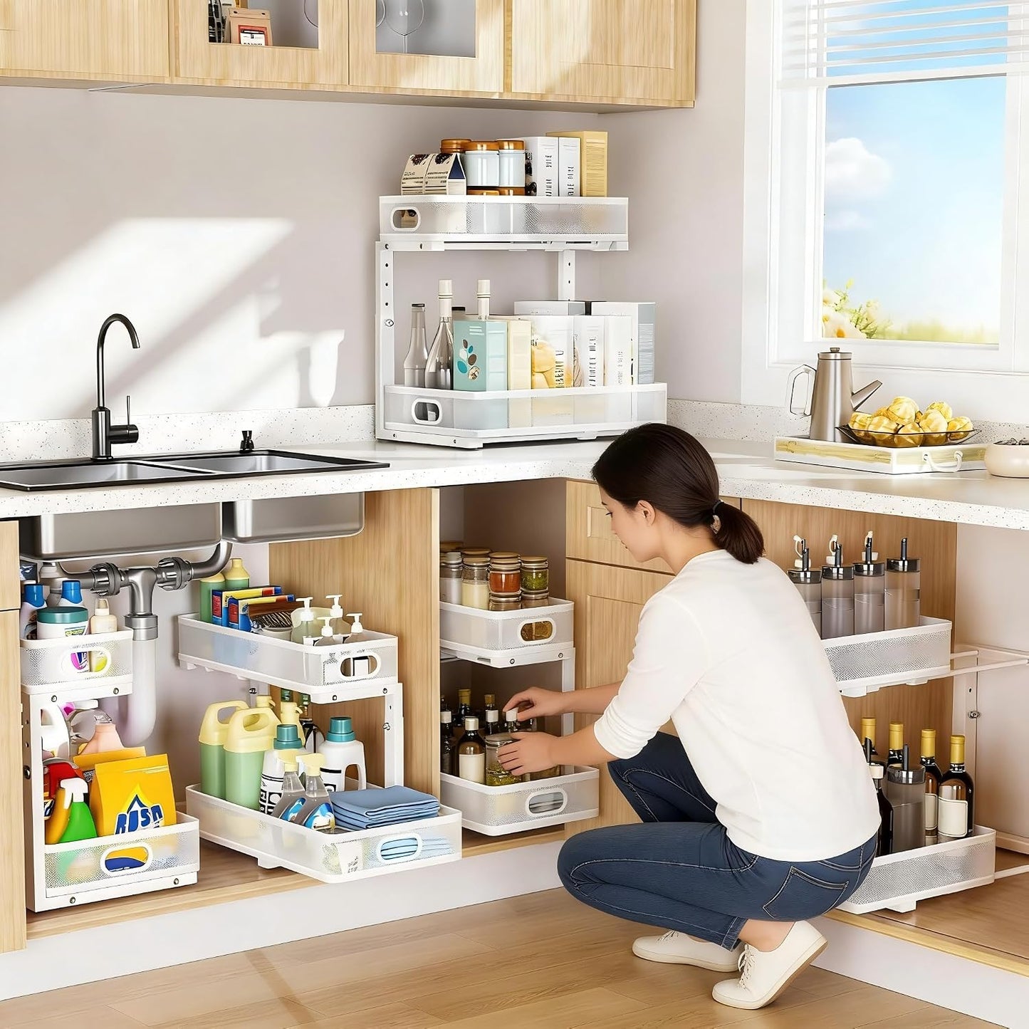 Under Sink Organizer 2 Pack, High Adjustable 2 Tier Under Sink Organizers and Storage, Slide out Metal Cabinet Organizers, Pull out Storage Drawer Shelf for Kitchen Bathroom Cabinet (Black-1pack)
