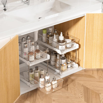 Vtopmart 2 Tier Bathroom Storage Organizer, 2 Pack Clear Under Sink Organizers Vanity Counter Container, Cabinet Drawers Bins, Pull-Out Organization with Track for Pantry, Kitchen