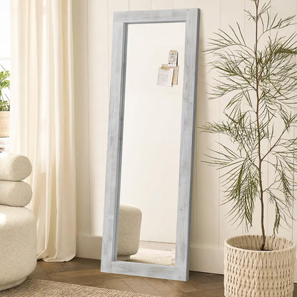 Rustic Standing Full Length Mirror Wood Frame, 56"X21" Farmhouse Floor Mirror for Bedroom Living Room Entryway, Hanging or Leaning Wall-Mounted Full Body Mirror, Tempered Glass, White