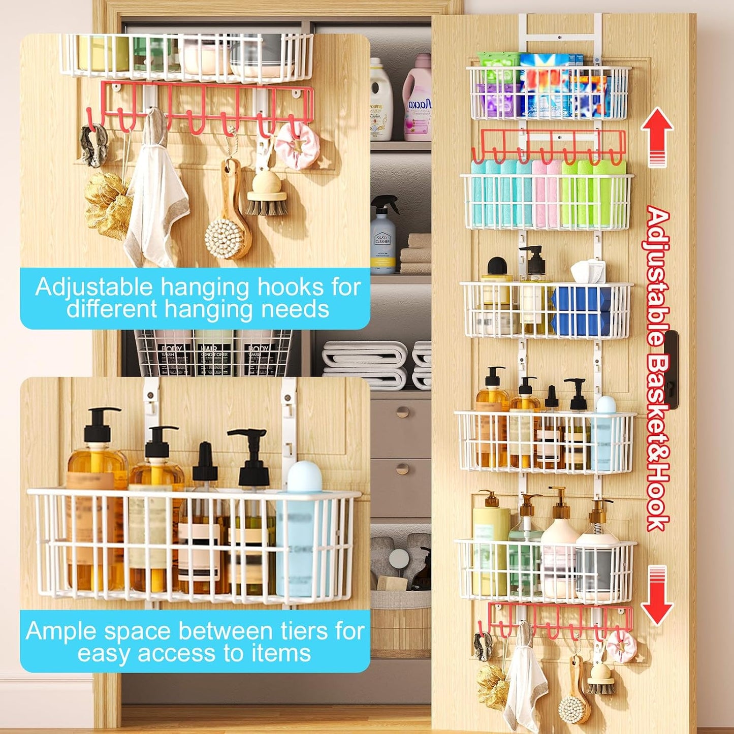 Hongtamoya Over The Door Organizer, Hanging Door Organizer with 5 Metal Baskets, Behind The Door Storage for Pantry Closet Bedroom Bathroom Cabinet Kitchen, White