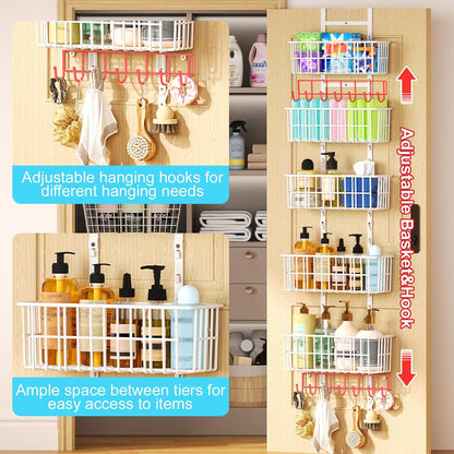Hongtamoya Over The Door Organizer, Hanging Door Organizer with 5 Metal Baskets, Behind The Door Storage for Pantry Closet Bedroom Bathroom Cabinet Kitchen, White