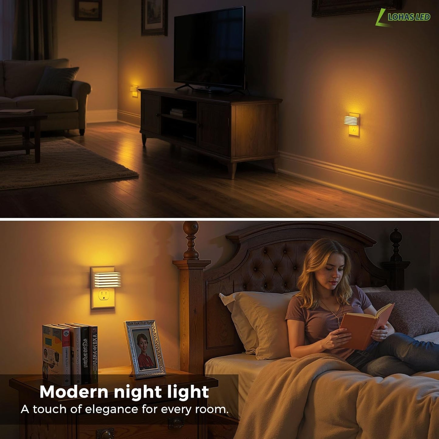 L LOHAS LED Motion Sensor Night Lights, [2 Pack] Dimmable Night Light Plug into Wall with Dusk-to-Dawn Sensor, Adjustable Brightness, 3000K Plug in Nightlight for Bedroom Bathroom Hallway (Black)