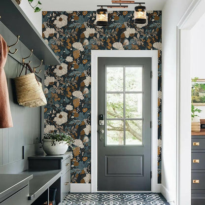 Floral Peel & Stick Wallpaper - Boho Removable Wallpaper for Bedroom & Bathroom - Black/Sand/Oliva - Easy Peel Off - Vintage - Renter Friendly - 118.1" X 17.7"