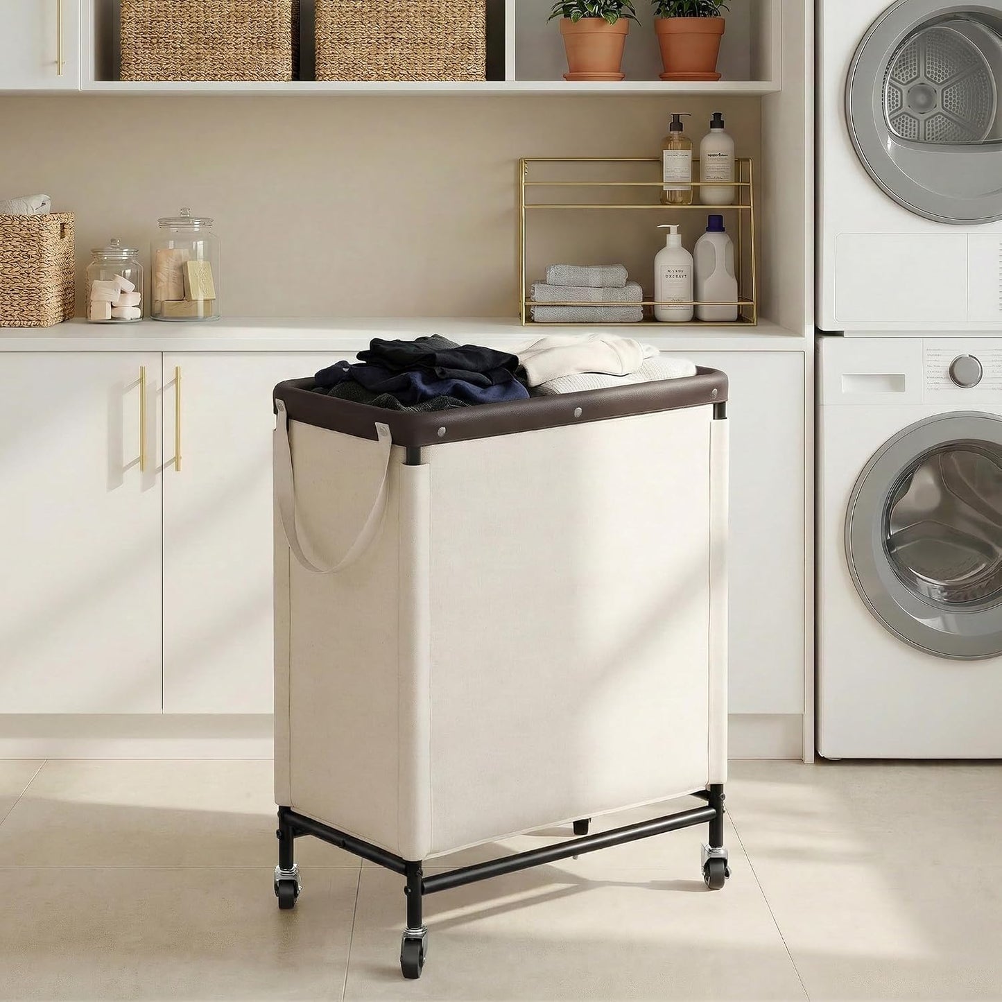 StorageWorks 3 Section Laundry Hamper, Rolling Laundry Cart with Wheels and Handles, Laundry Room Double Sorter for Organizer and Storage, 31.7 Gal(120L), Beige
