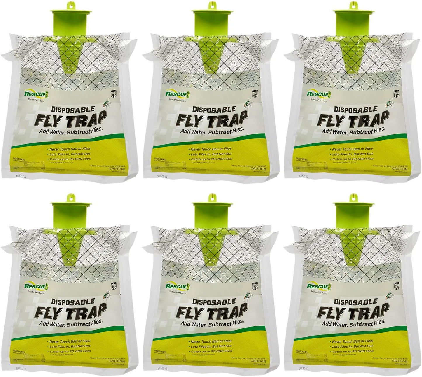 Rescue! Outdoor Disposable Fly Trap – Hanging Fly Catcher with Attractant Bait, Fly Bag for Patio, Yard, Trash & Farm Areas – Easy-to-Use Outdoor Fly Control - 6 Traps