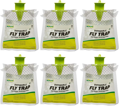 Rescue! Outdoor Disposable Fly Trap – Hanging Fly Catcher with Attractant Bait, Fly Bag for Patio, Yard, Trash & Farm Areas – Easy-to-Use Outdoor Fly Control - 6 Traps