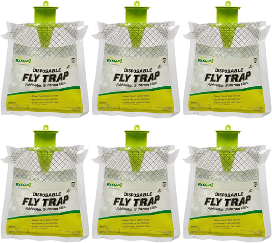 Rescue! Outdoor Disposable Fly Trap – Hanging Fly Catcher with Attractant Bait, Fly Bag for Patio, Yard, Trash & Farm Areas – Easy-to-Use Outdoor Fly Control - 6 Traps