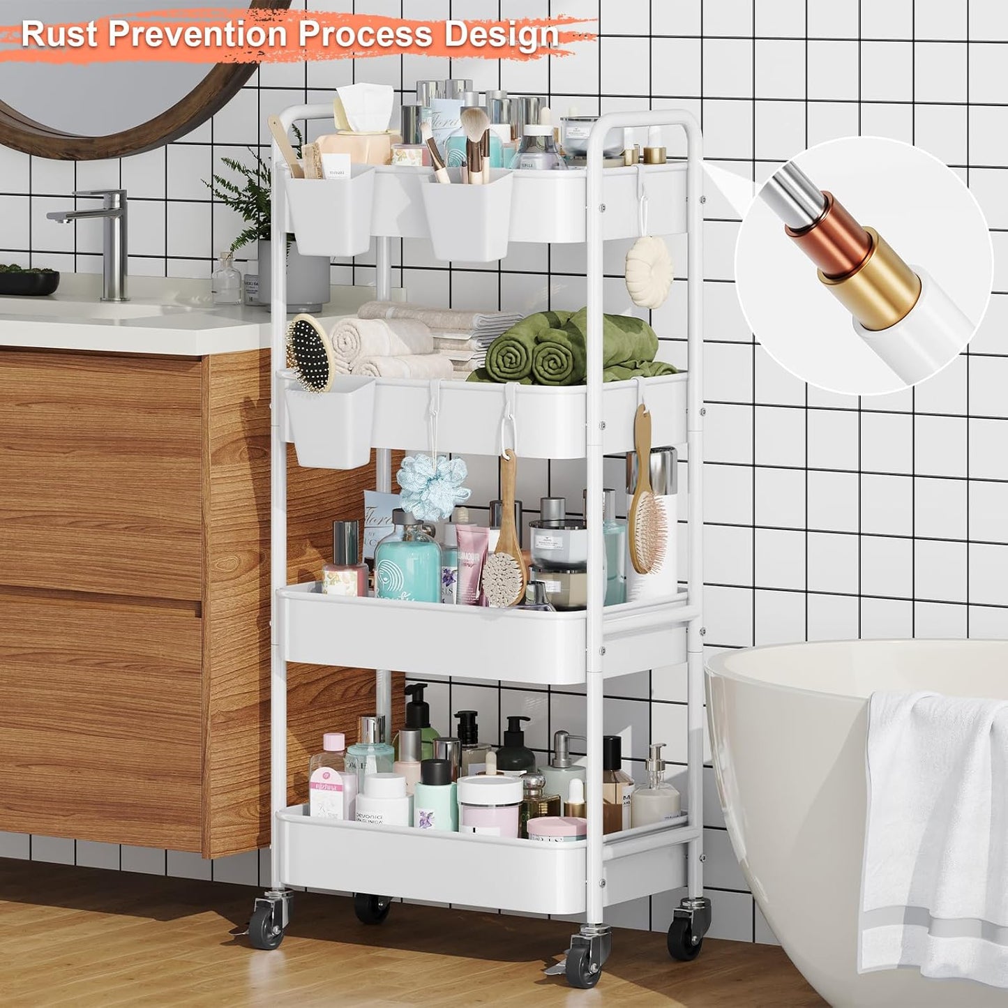 2 Tier Small Rolling Cart Metal with Wheels, White Under Desk Storage Cart on Wheels, Short Utility Roller Caddy Carts Organizer for Art,Craft,Pantry,Bathroom, Two Tiered Shelf Trolley,22 Inches Tall