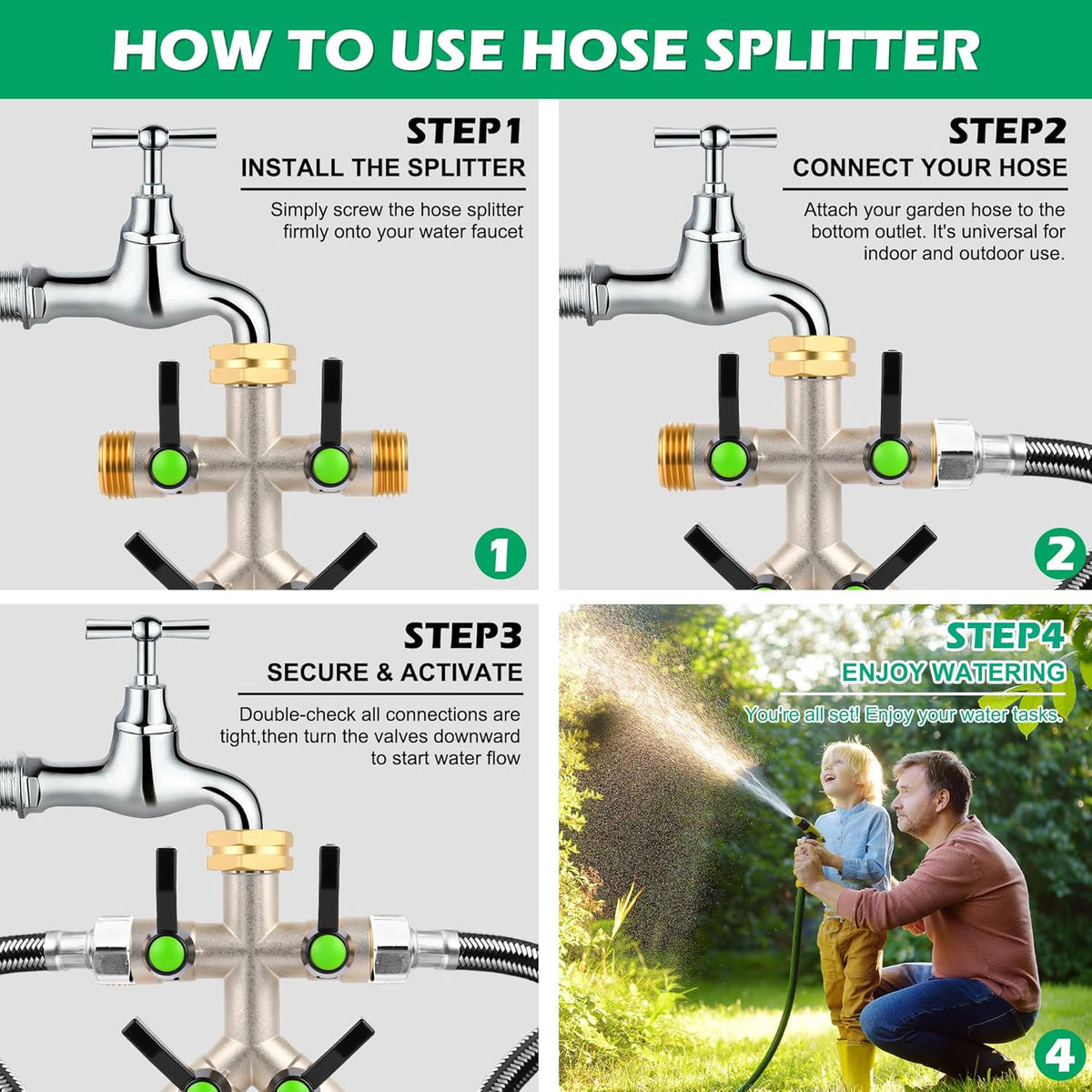 Love Is War 2 Way Garden Hose Splitter, 3/4" GHT Thread Brass Faucet Splitter with Long Easy-Turn Handles, Outdoor Water Connector for Lawn Irrigation