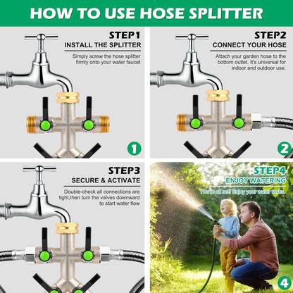 Love Is War 2 Way Garden Hose Splitter, 3/4" GHT Thread Brass Faucet Splitter with Long Easy-Turn Handles, Outdoor Water Connector for Lawn Irrigation