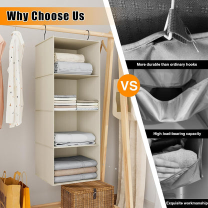 Hanging Closet Organizer 3-Shelf, Oxford Fabric Wardrobe Storage, Gray | Easy-mount foldable design holds clothes, handbags, shoes & accessories; washable Oxford fabric, sturdy and space-saving.