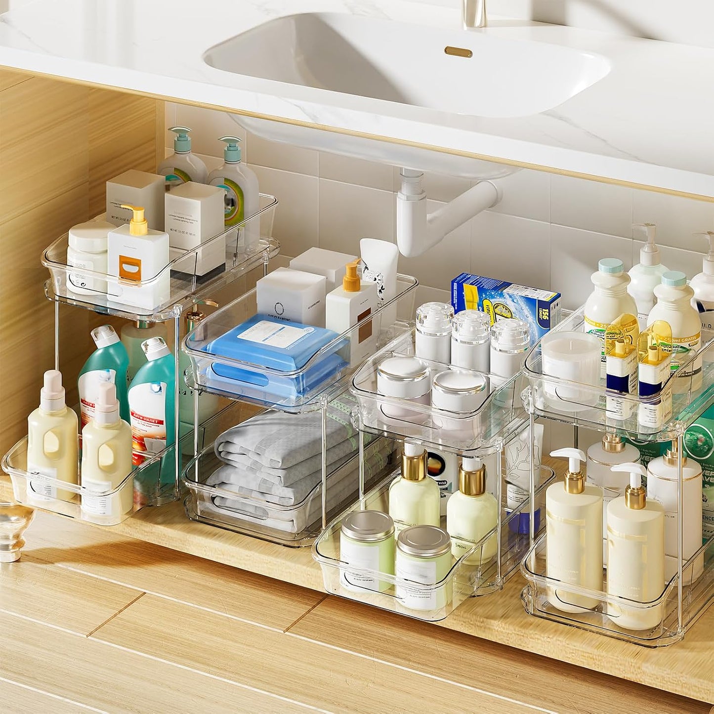 Delamu 2-Tier Under Sink Organizers and Storage, Multi-Purpose Stackable Bathroom Cabinet organizers, Pull Out Kitchen Pantry Organization and Storage with Dividers(2 Pack, Clear)