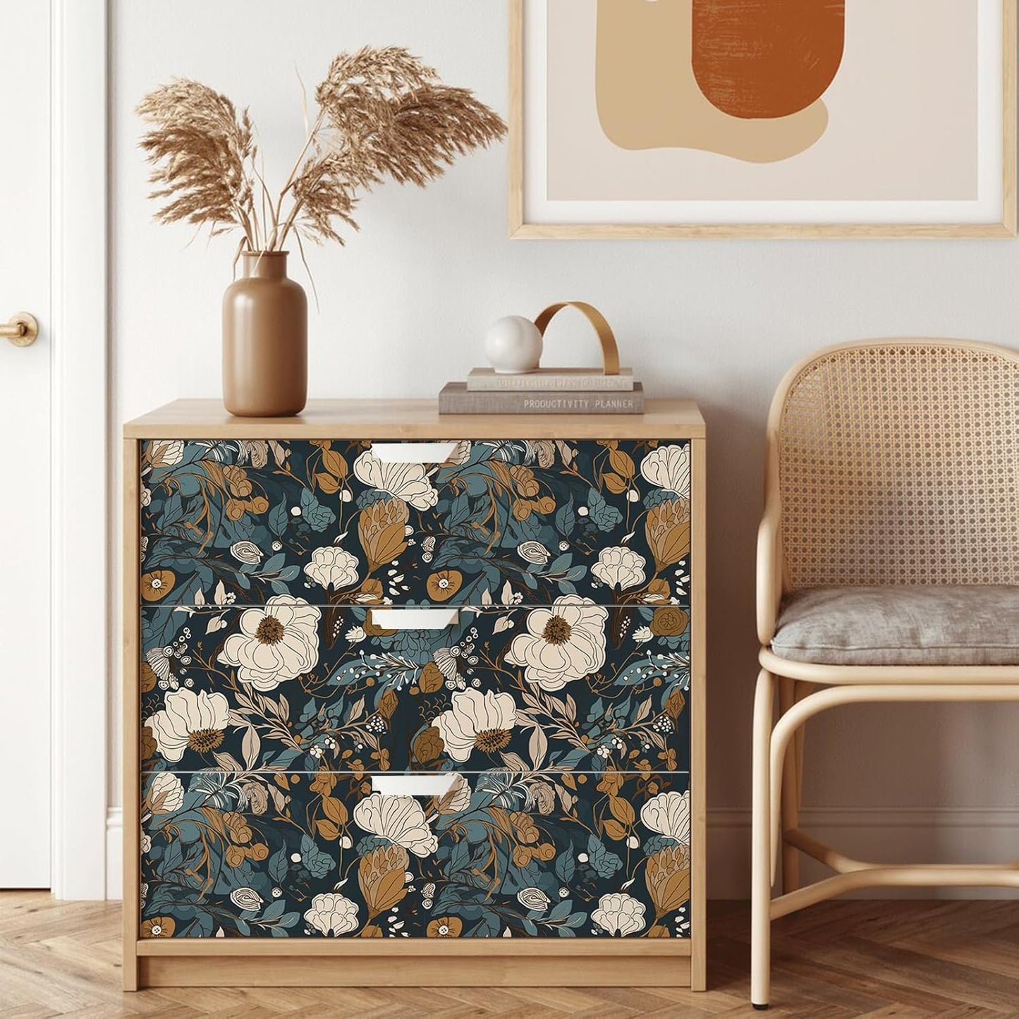 Floral Peel & Stick Wallpaper - Boho Removable Wallpaper for Bedroom & Bathroom - Black/Sand/Oliva - Easy Peel Off - Vintage - Renter Friendly - 118.1" X 17.7"