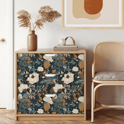 Floral Peel & Stick Wallpaper - Boho Removable Wallpaper for Bedroom & Bathroom - Black/Sand/Oliva - Easy Peel Off - Vintage - Renter Friendly - 118.1" X 17.7"