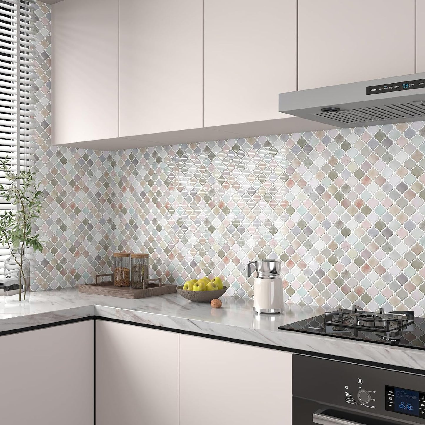 CHIHUT Arabesque Peel and Stick Backsplash 12''x12'' Waterproof Oil Proof Blush Pink Lavender Mottled Marble Self Adhesive Wall Tiles Removable Glossy Stick on Backsplash for Kitchen Bathroom 6 Sheets