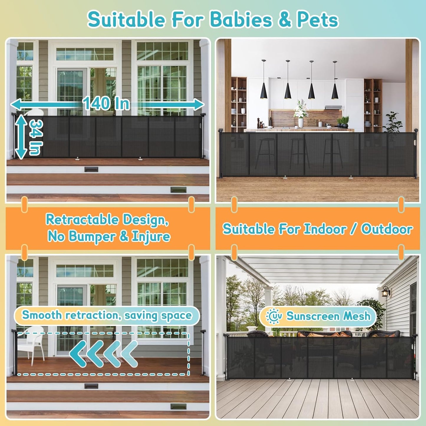 200'' Retractable Baby Gates Extra Wide,34" Tall Retractable Dog Gate for Doorways,Extra Long Retractable Baby Gate for Stairs,Kitchen,Indoor/Outdoor Retractable Gate with Fiberglass Reinforcement Rod