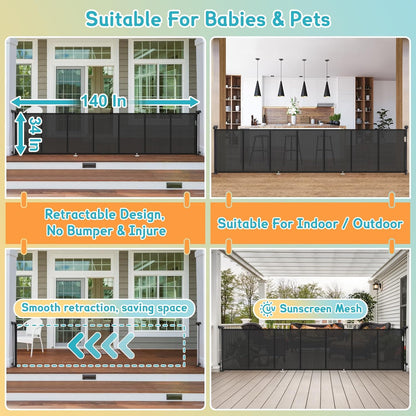 200'' Retractable Baby Gates Extra Wide,34" Tall Retractable Dog Gate for Doorways,Extra Long Retractable Baby Gate for Stairs,Kitchen,Indoor/Outdoor Retractable Gate with Fiberglass Reinforcement Rod