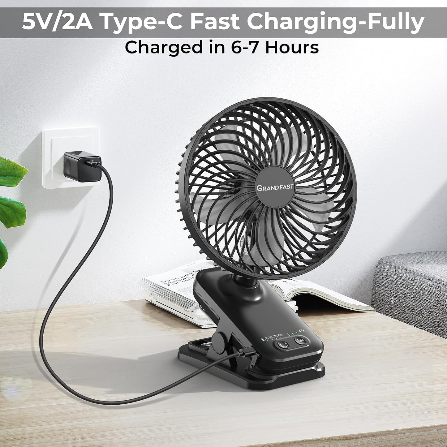 10000mAh Portable Fan with Clip, Rechargeable Clip On Fan with Light & Hook, 3 Strong Airflow & Timer, Battery Powered, Clamp On Desk Fan for Travel Outside Camping Sleep Bedroom Office RV Hurricane