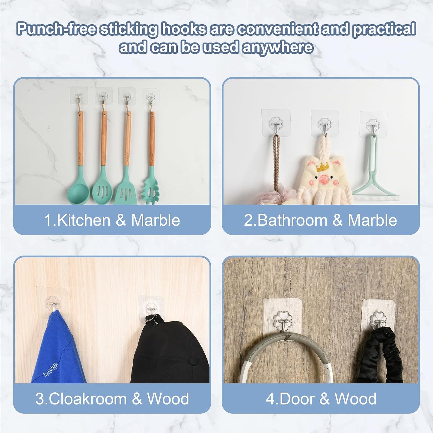 Ninth Five 30 Pack Adhesive Wall Hooks for Hanging Heavy Duty 33 lbs Hooks ， No Drill, Towel Sticky Clear Hook Waterproof,usde for Bathroom, Shower, Outdoor, Kitchen, Door, Home Improvement