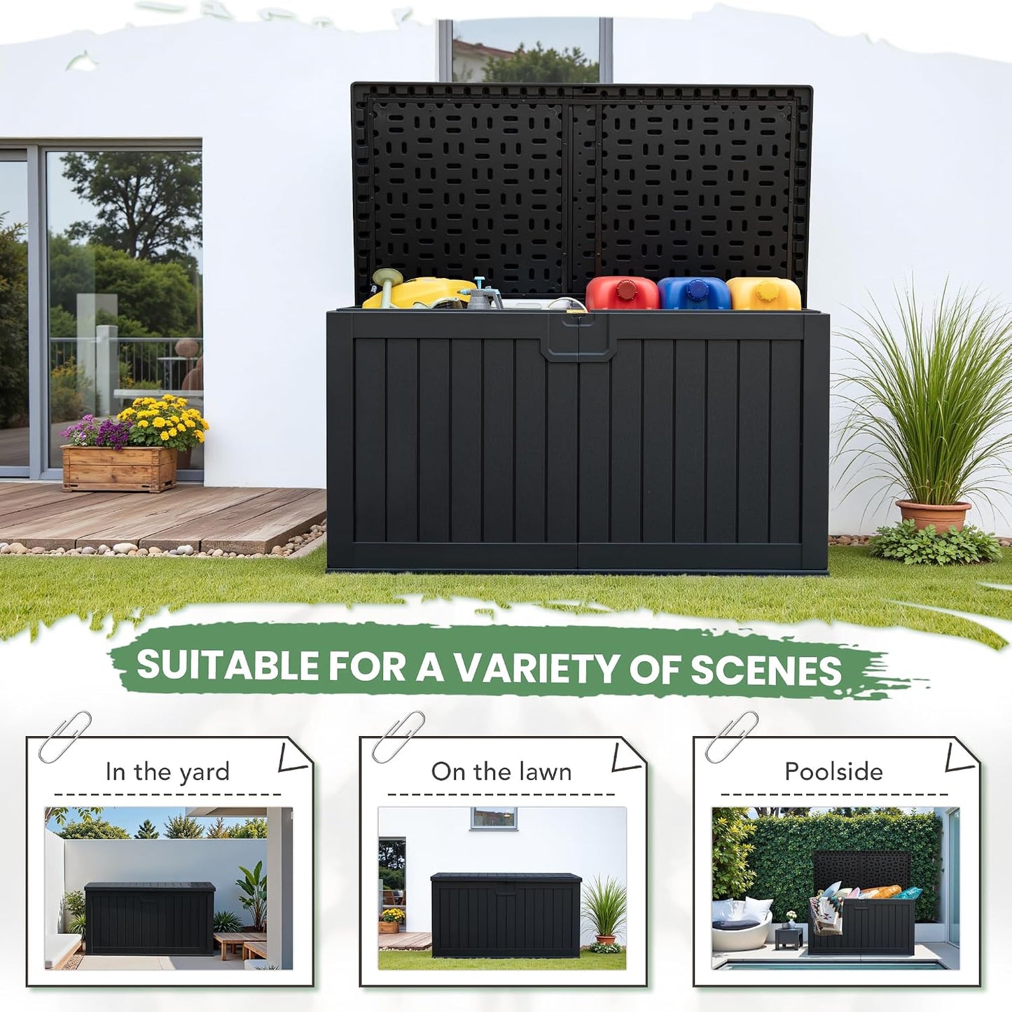 Greesum Outdoor Storage Box 31 Gallon Storage Box with Lid for Patio Furniture, Garden Tools, Pool Supplies, Waterproof and UV Resistant, Lockable, Dark Black
