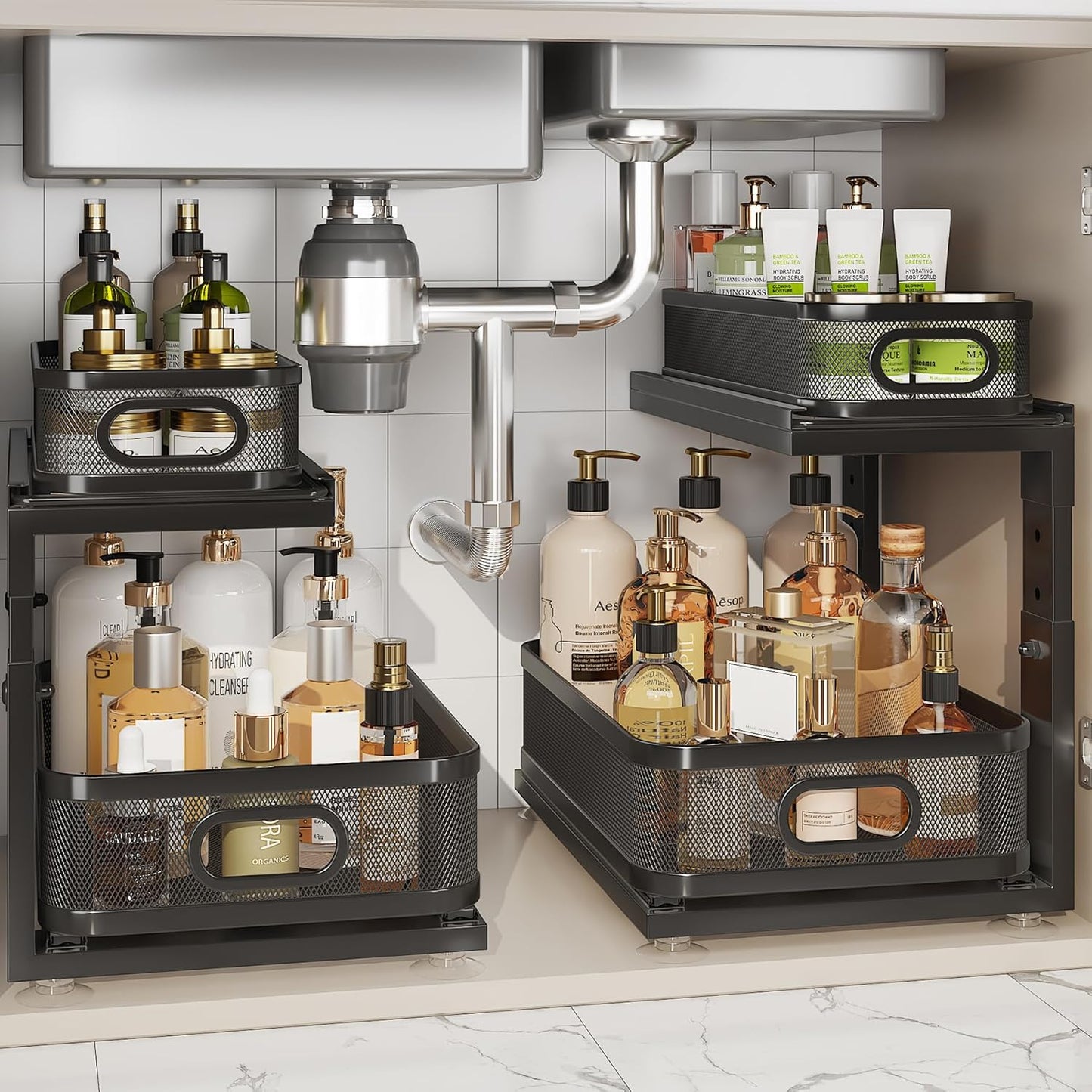 2 Pack 18.5IN-Depth Under Sink Organizer With Next-Gen Ball-Bearing Slides,2-Tier Precision Mesh Pull Out Cabinet Storage for Bathroom&Kitchen,Height Adjustable Drawers Shelf,Anti-rust-White