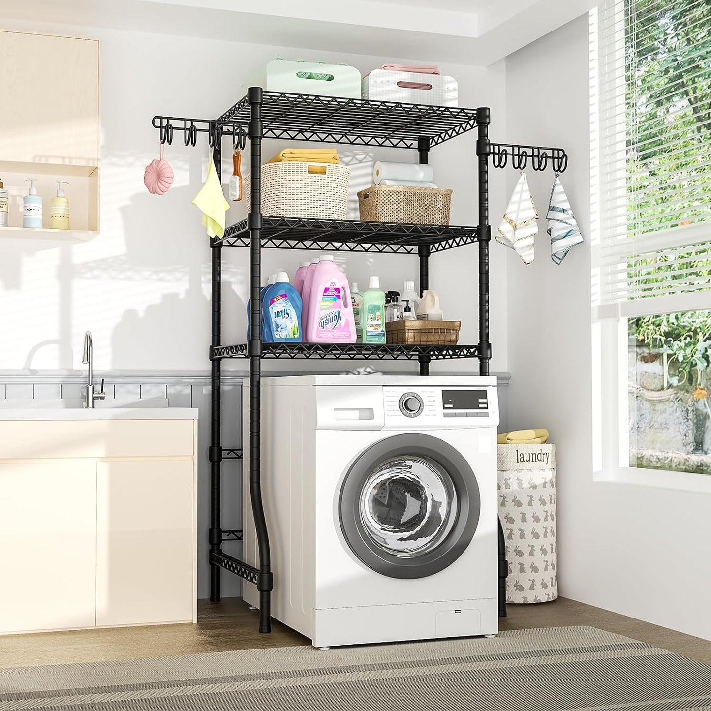 Ulif U8 Mini Laundry Room Storage Organizer, Over the Washer and Dryer Storage Shelves for Laundry Organization, 29.5”W x 17.3”D x 76.2”H, Suit Washing Machine Width within 27.1”, Hold 304 lb, Black