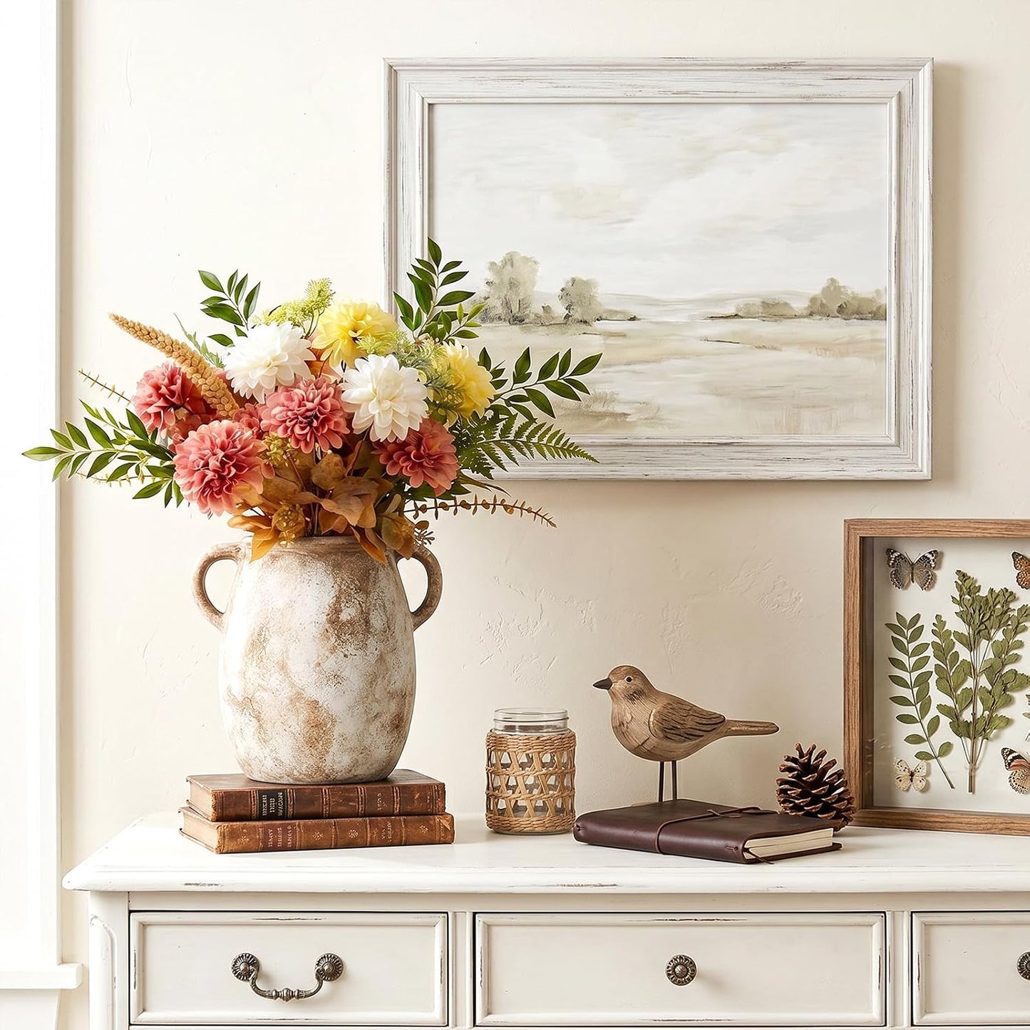 CUCUMI Ceramic Vase Set of 5, Home Decor Farmhouse Décor Handmade Pottery Vases for Pampas Grass, Dried Fresh Flowers, Table, Living Room, Kitchen, Shelf, Entryway Mantel Neutral Tones