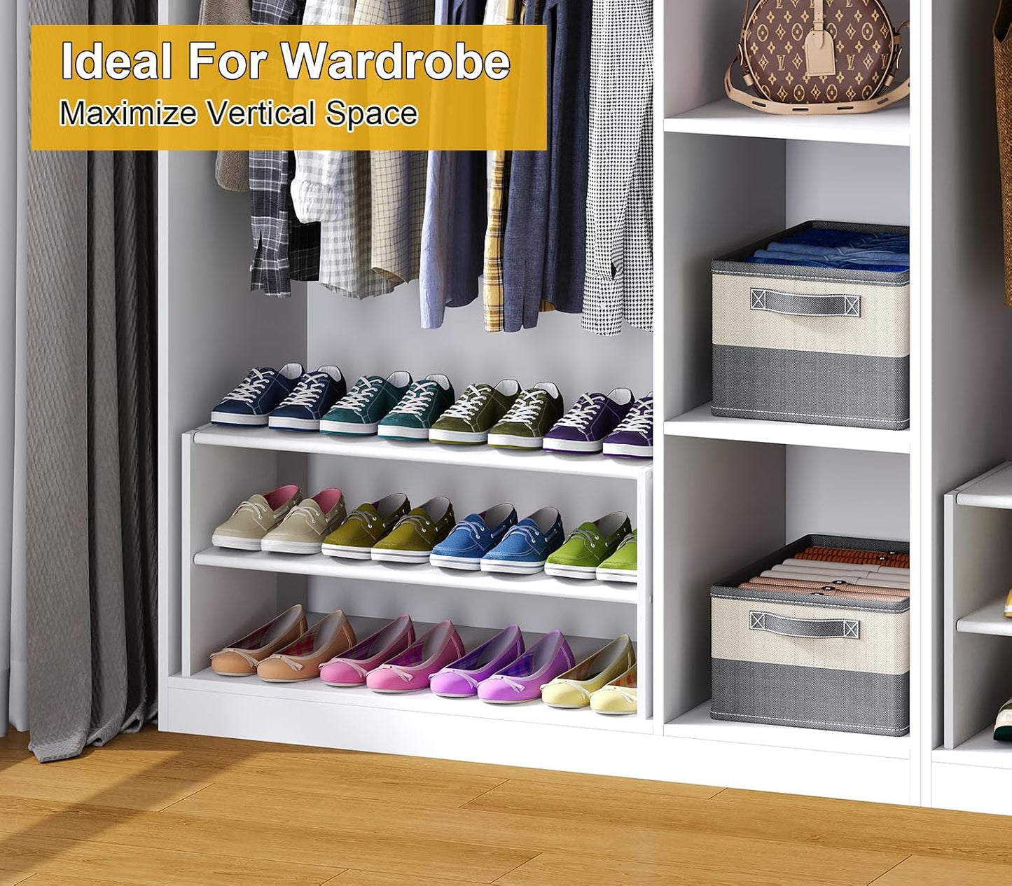 Cidaziya 2 Tier Small White Shoe Rack for Closet, Stackable Shoe Shelf Organizer for 9-12 Pairs of Shoes, Portable Wood and Cloth Structure, Small Shoe Storage Organizer, Size 28.5"* 11" * 13"