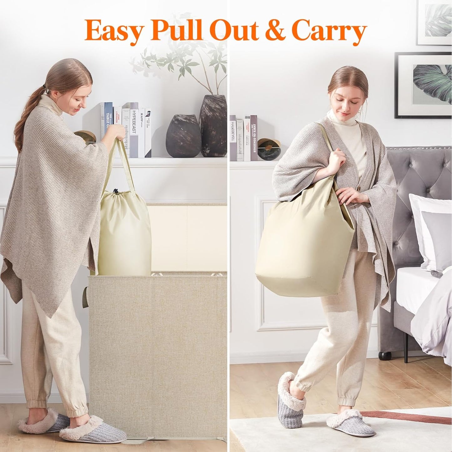 Lifewit Double Laundry Hamper with Lid and Removable Laundry Bags, Large Collapsible 2 Dividers Dirty Clothes Basket with Handles for Bedroom Laundry Room Closet Bathroom College, 136L Beige