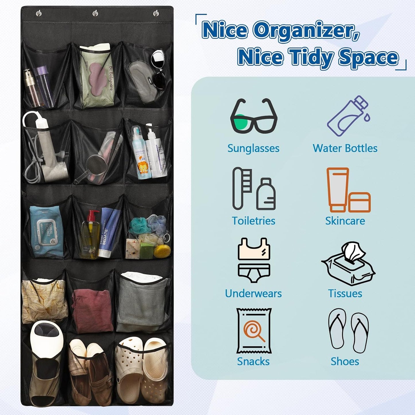 Over The Door Cruise Ship Organizer - Cruise Ship Magnetic Door Organizer with 15 Size-Graded Pockets, Hanging Magnetic Cruise Storage Shoe Rack for Cabin, 2026 Cruise Essential, 9 Hooks(White)