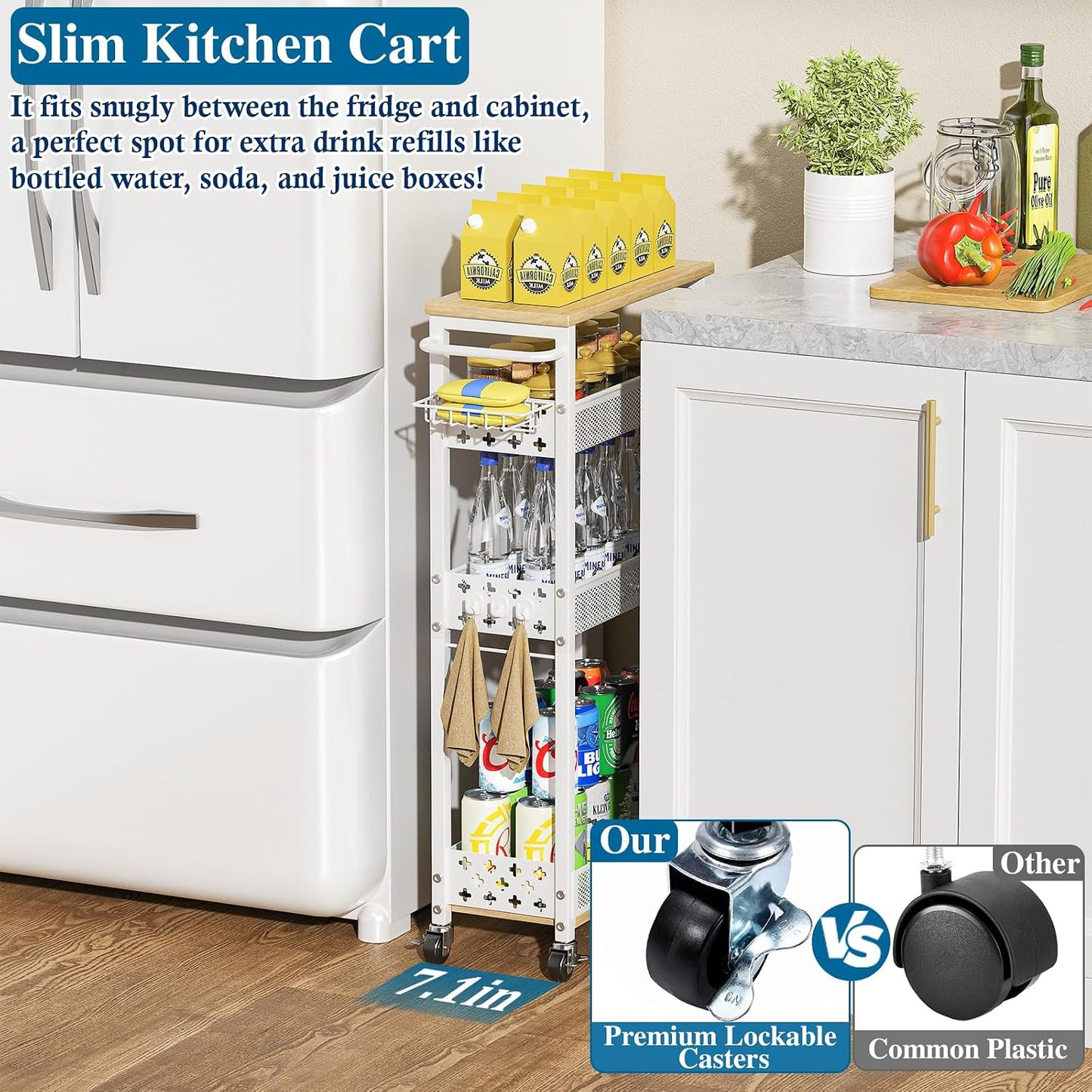 OKZEST Slim Laundry Room Organization Cart with Detergent Dispenser Holder | 4-Tier narrow rolling cart for small space, Holds tall bottles, Upgraded metal hub casters, Premium wood & metal mesh shelves