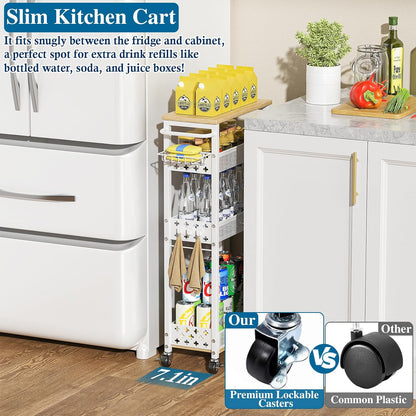 OKZEST Slim Laundry Room Organization Cart with Detergent Dispenser Holder | 4-Tier narrow rolling cart for small space, Holds tall bottles, Upgraded metal hub casters, Premium wood & metal mesh shelves