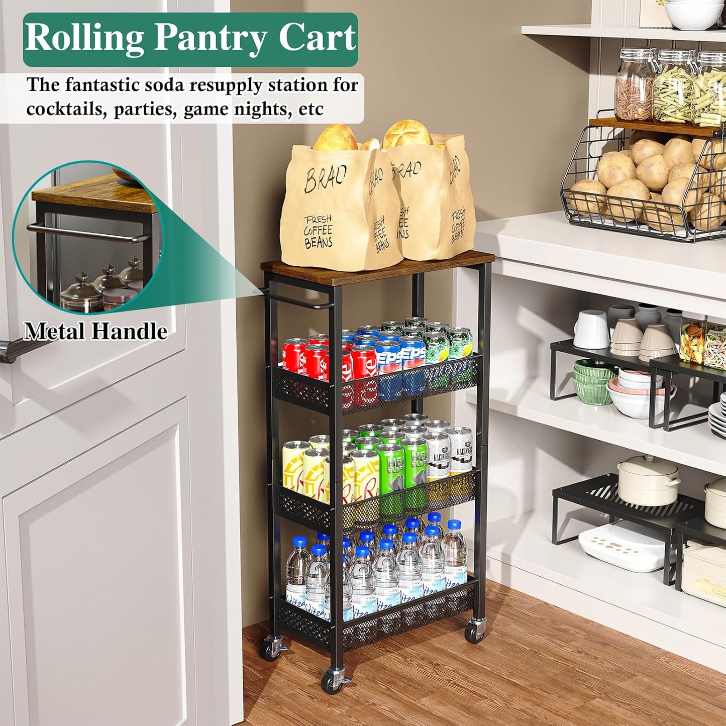 OKZEST Utility Slim Storage Cart, 4 Tier Small Rolling Kitchen Laundry Room Cart with Wood Top, Metal Narrow Bathroom Storage Cabinet Mobile Shelf Unit Organizer Trolley with Handle for Narrow Space