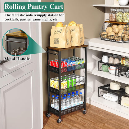 OKZEST Utility Slim Storage Cart, 4 Tier Small Rolling Kitchen Laundry Room Cart with Wood Top, Metal Narrow Bathroom Storage Cabinet Mobile Shelf Unit Organizer Trolley with Handle for Narrow Space