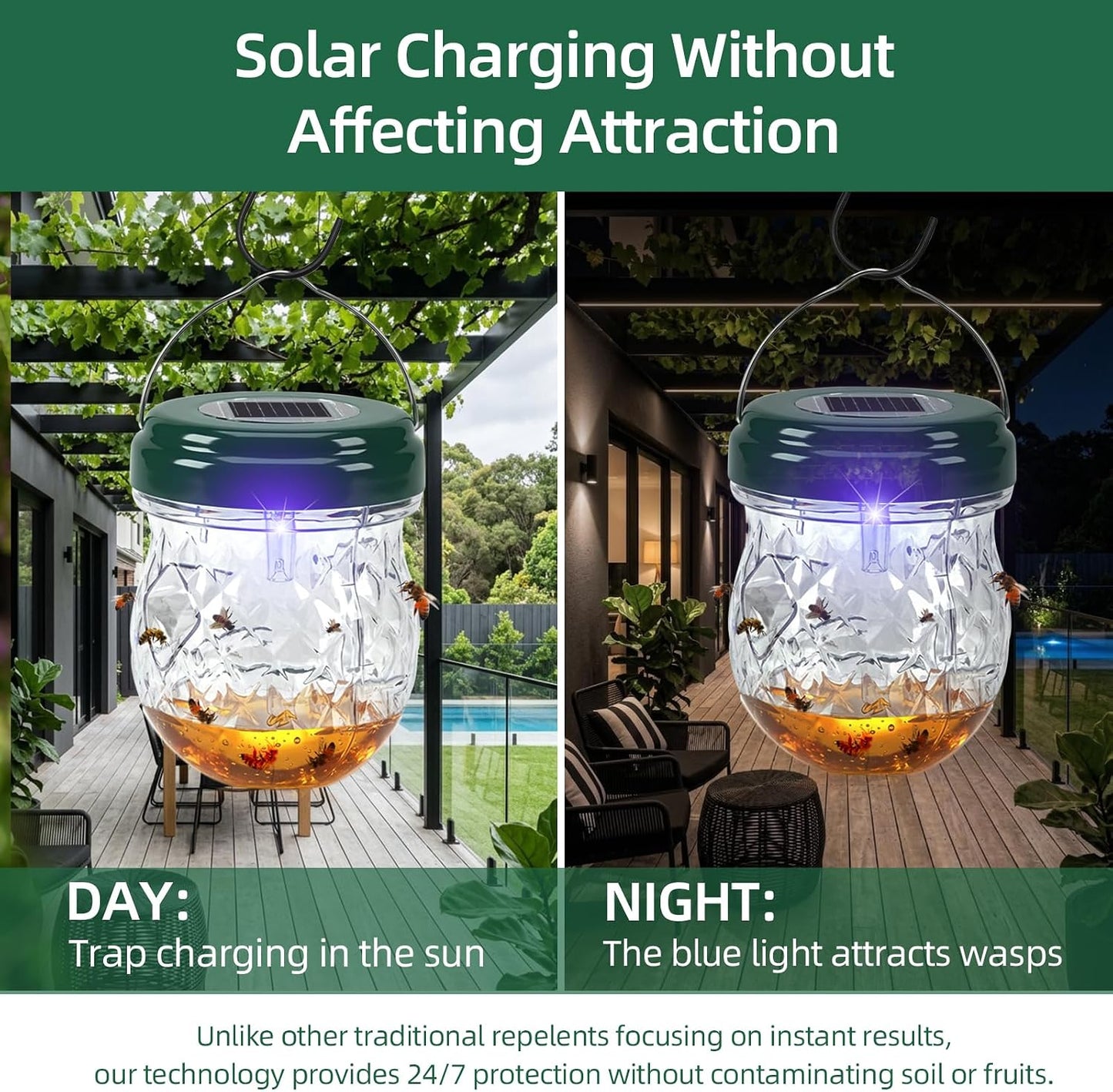 2026 Solar Wasp Traps Outdoor Hanging, Reusable Yellow Jacket Traps with LED Light, IP65 Waterproof Hornet Trap & Wasp Catcher for Outside Patio Garden Patio Backyard Camping (4 Pack)