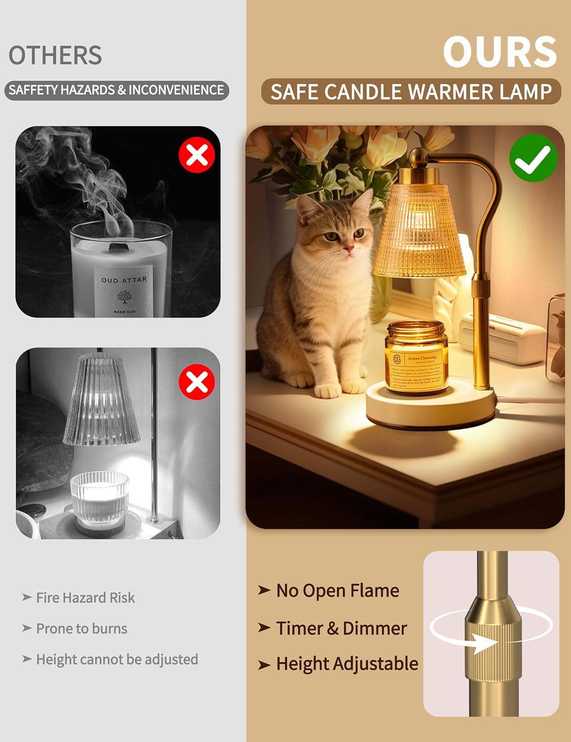 Candle Warmer Lamp for Jar Candles, Height Adjustable & Dimmable with 2/4/8H Timer, 2*50W Halogen Wax Melter Warmer for Home Office Décor, Flameless & Smokeless, Gift for Women Mom, Black-Clear/1 Pack