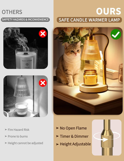 Candle Warmer Lamp for Jar Candles, Height Adjustable & Dimmable with 2/4/8H Timer, 2*50W Halogen Wax Melter Warmer for Home Office Décor, Flameless & Smokeless, Gift for Women Mom, Black-Clear/1 Pack